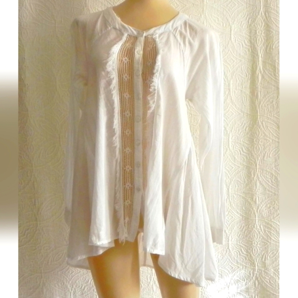 Free People Tunic Raglan/Long Sleeve A-Line Hi-Low Hem White Size medium